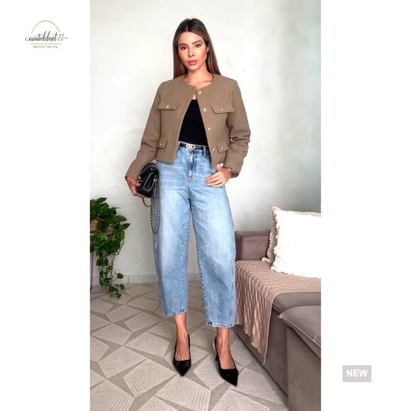 Cropped Tweed Blazer Collarless Button Down Business Casual Jacket - Picture 7 of 7